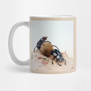 Sacred scarabs (Scarabaeus sacer) rolling a dung ball. Mug